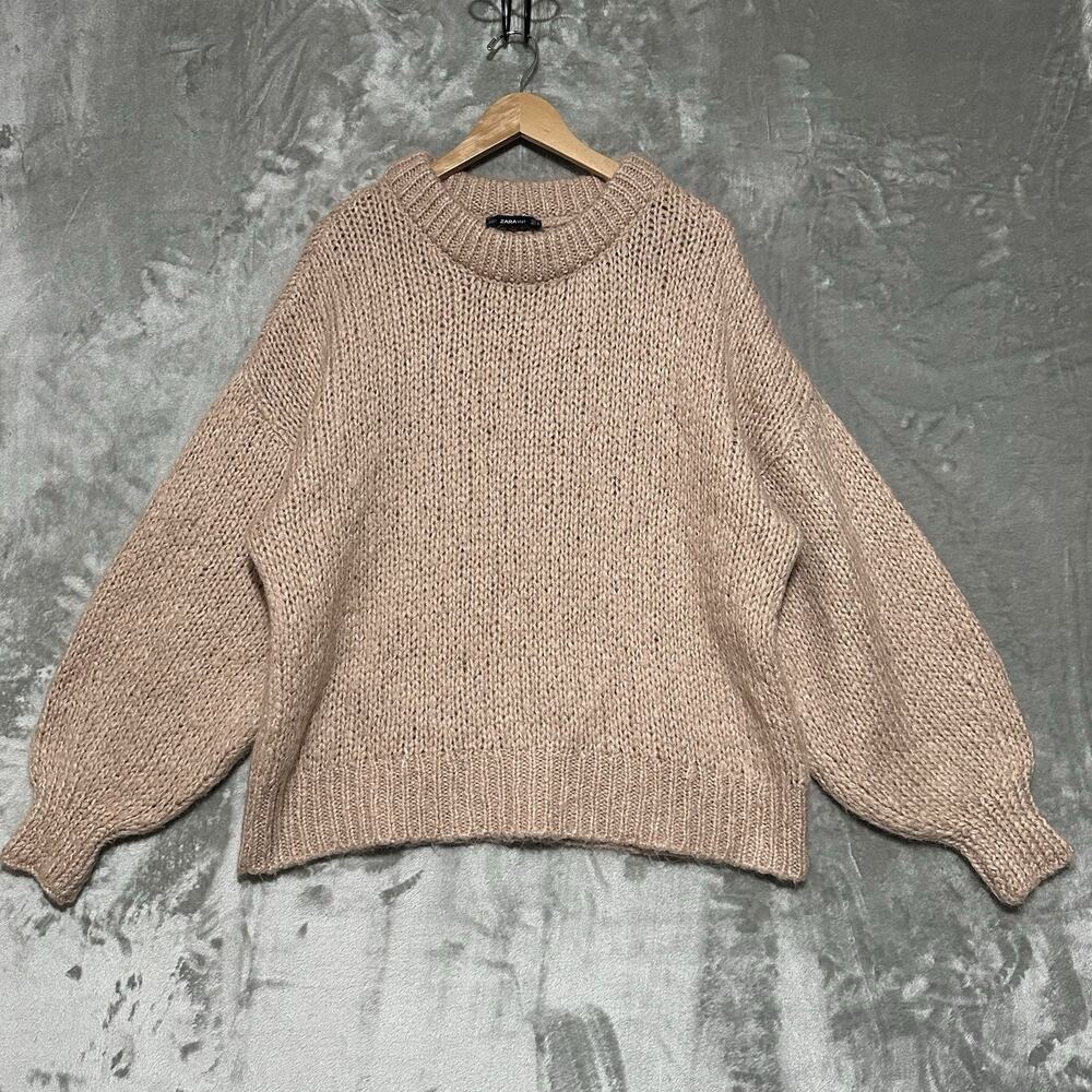 Zara Knit Oversized Chunky Sweater Womens Sz S Pink Mohair Blend Boxy Boat Neck